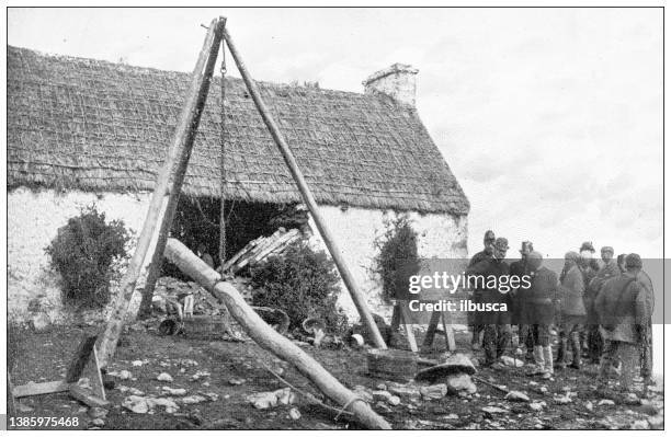 antique travel photographs of ireland: house demolition, eviction scene - ireland landscape stock illustrations