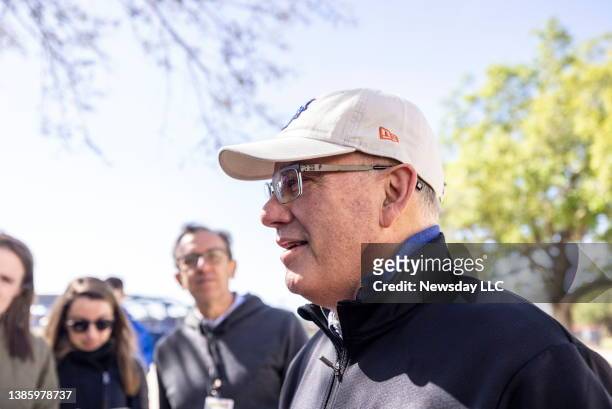 New York Mets owner Steve Cohen talks to the news media at spring training camp at Clover Park, in Port St. Lucie, Florida, on March 13, 2022.