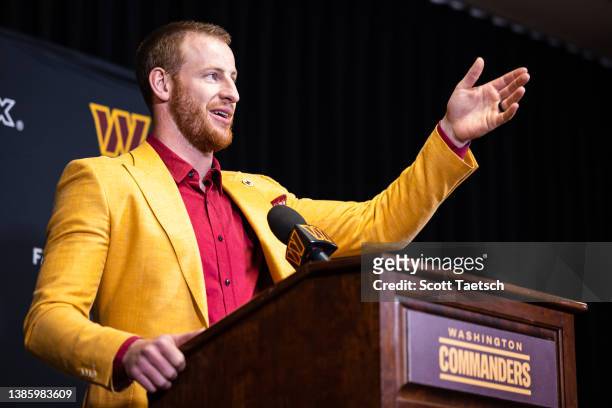 Quarterback Carson Wentz of the Washington Commanders is introduced at Inova Sports Performance Center on March 17, 2022 in Ashburn, Virginia.