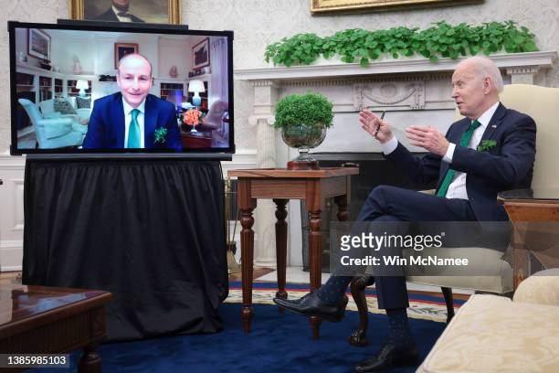 President Joe Biden meets virtually with Irish Prime Minister Micheál Martin in the Oval Office of the White House March 17, 2022 in Washington, DC....