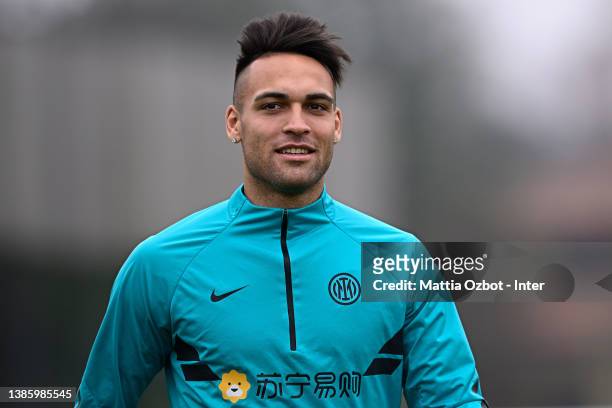 Lautaro Martinez of FC Internazionale looks on during the FC Internazionale training session at the club's training ground Suning Training Center at...