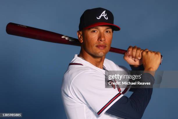 Ryan Goins of the Atlanta Braves poses for a photo during Photo Day at CoolToday Park on March 17, 2022 in Venice, Florida.