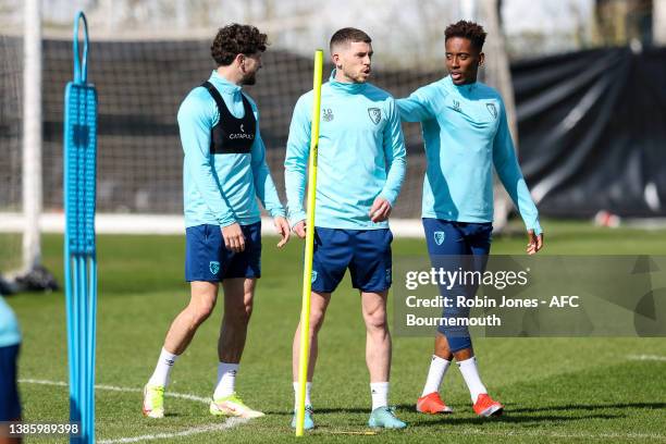 Robbie Brady, Ryan Christie and Jamal Lowe of Bournemouth during a training session at the Vitality Stadium on March 17, 2022 in Bournemouth, England.