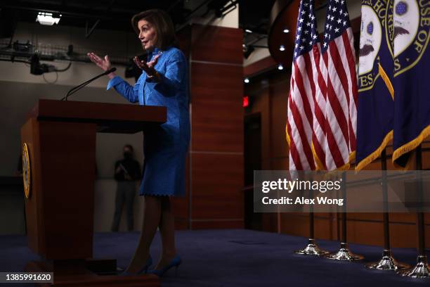 Speaker of the House Rep. Nancy Pelosi speaks during a weekly news conference at the U.S. Capitol on March 17, 2022 in Washington, DC. Speaker Pelosi...
