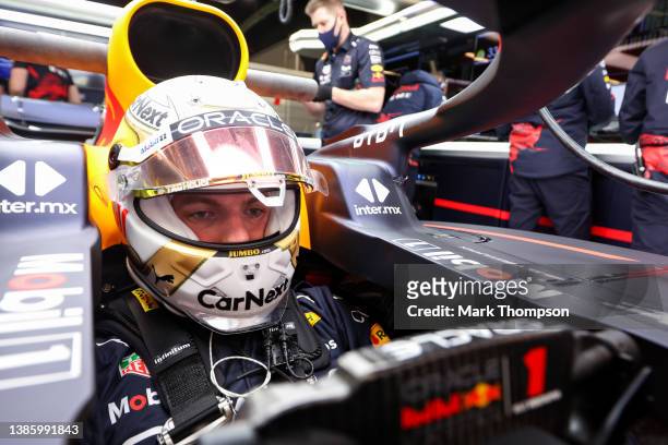 Max Verstappen of the Netherlands and Oracle Red Bull Racing prepares to drive in the garage during Day One of F1 Testing at Circuit de...