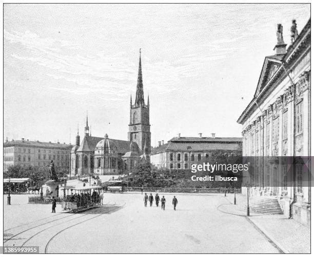 antique travel photographs of sweden: riddarholm's church, statue of gustavus vasa - stockholm city stock illustrations