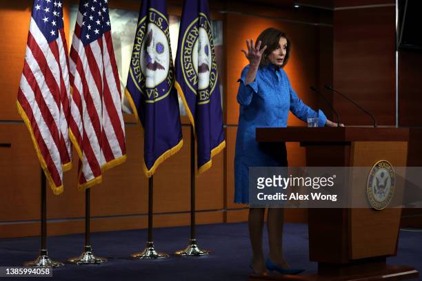 Speaker of the House Rep. Nancy Pelosi speaks during a weekly news conference at the U.S. Capitol on March 17, 2022 in Washington, DC. Speaker Pelosi...