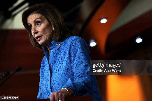 Speaker of the House Rep. Nancy Pelosi speaks during a weekly news conference at the U.S. Capitol on March 17, 2022 in Washington, DC. Speaker Pelosi...