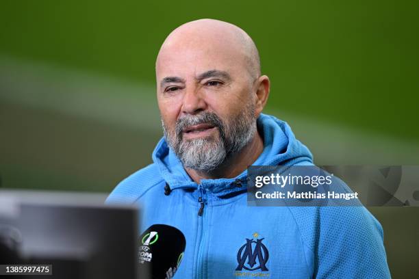 Jorge Sampaoli, Head Coach of Marseille speaks to the media prior to the UEFA Conference League Round of 16 Leg Two match between FC Basel and...