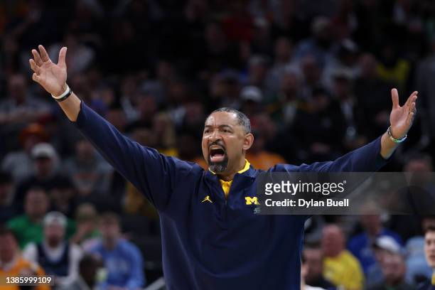 Head coach Juwan Howard of the Michigan Wolverines reacts during the first half in the first round game of the 2022 NCAA Men's Basketball Tournament...