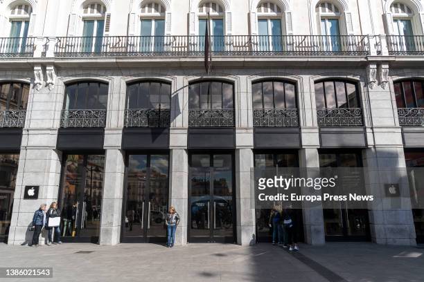 Entrance and facade of an Apple store, on March 5 in Madrid, Spain. Several companies have closed their branches and stores in Russia after it...