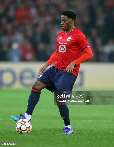 Jonathan David of Lille OSC during the UEFA Champions League Round Of Sixteen Leg Two match between Lille OSC and Chelsea FC at Stade Pierre-Mauroy...
