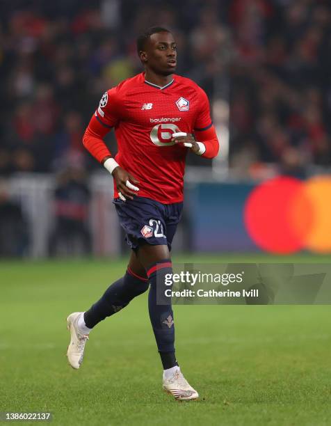 Timothy Weah of Lille OSC during the UEFA Champions League Round Of Sixteen Leg Two match between Lille OSC and Chelsea FC at Stade Pierre-Mauroy on...