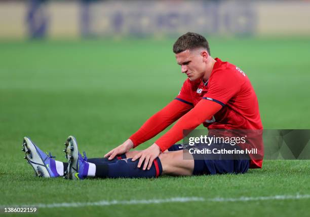 Sven Botman of Lille OSC during the UEFA Champions League Round Of Sixteen Leg Two match between Lille OSC and Chelsea FC at Stade Pierre-Mauroy on...