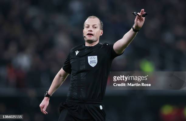 Referee William Collum looks on during the UEFA Conference League Round of 16 Leg Two match between FC København and PSV Eindhoven at the Parken...