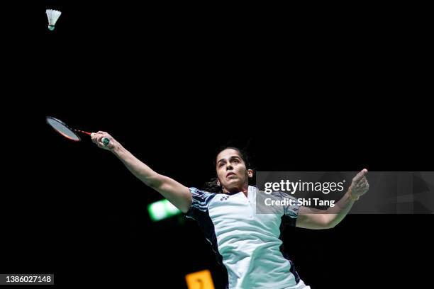 Saina Nehwal of India competes in the Women's Singles second round match against Akane Yamaguchi of Japan on day two of the Yonex All England at...