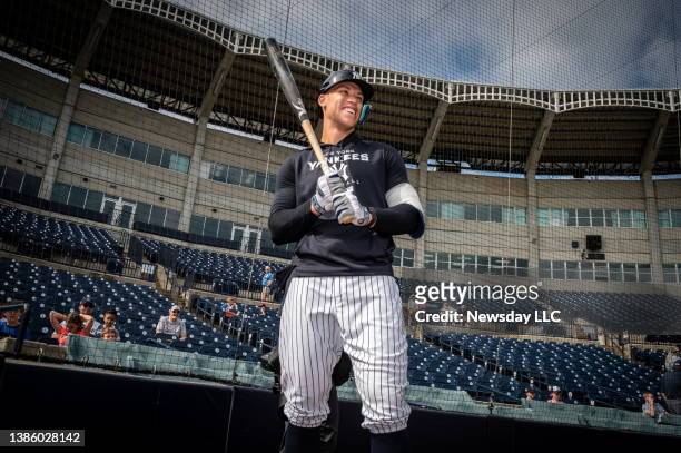 New York Yankees' outfielder Aaron Judge preparing for batting practice during spring training at George M. Steinbrenner Field in Tampa, Florida, on...