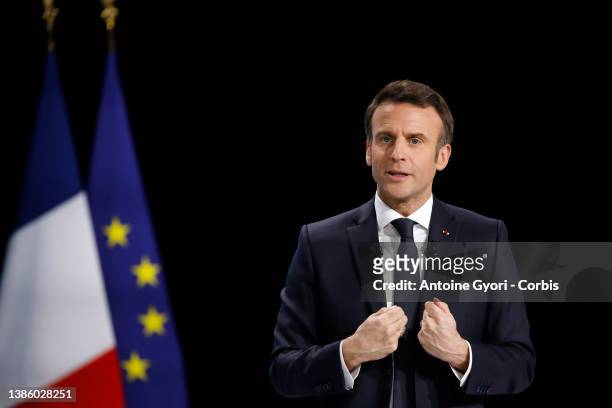 Emmanuel Macron, and French liberal party La Republique en Marche candidate to his succession speaks during a press conference to present his...