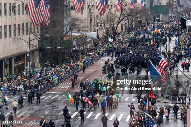 People march up Fifth Avenue during the St. Patrick’s Day parade on March 17, 2022 in New York City. The annual New York City St. Patrick's Day...