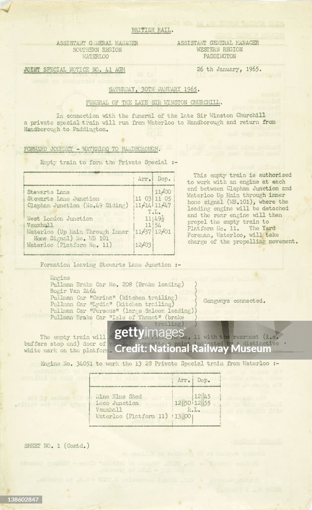 Churchill Funeral Train Memo. Pg 1