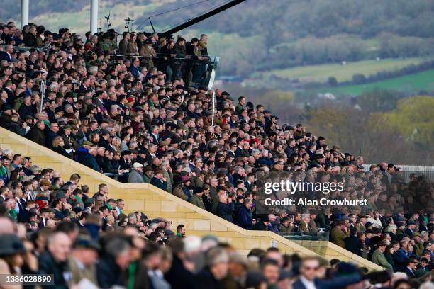 Large crowd on day three of The Festival at Cheltenham Racecourse on March 17, 2022 in Cheltenham, England.