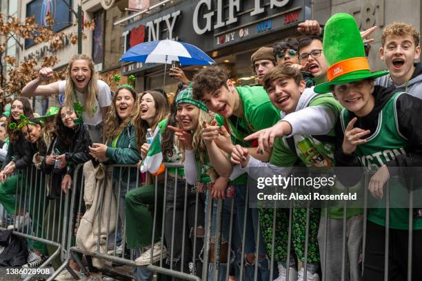 Revelers cheer during the St. Patrick’s Day parade on March 17, 2022 in New York City. The annual New York City St. Patrick's Day Parade, which is...