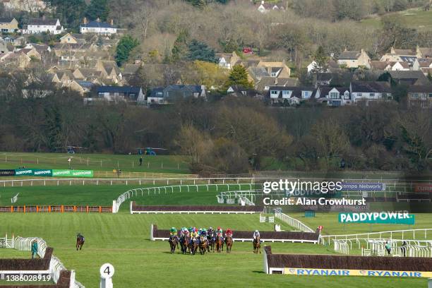 General view as runners make their way up the straight on day three of The Festival at Cheltenham Racecourse on March 17, 2022 in Cheltenham, England.