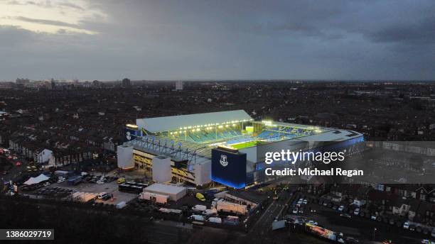 An aerial view outside of Goodison Park prior to the Premier League match between Everton and Newcastle United at Goodison Park on March 17, 2022 in...