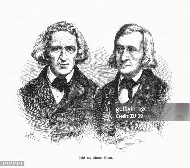 stockillustraties, clipart, cartoons en iconen met brothers wilhelm and jacob grimm, wood engraving, published in 1870 - brother