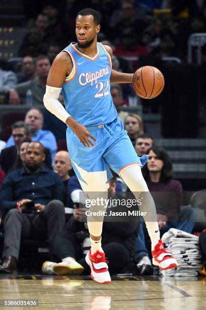 Rodney Hood of the LA Clippers brings the ball up court during the second quarter against the Cleveland Cavaliers at Rocket Mortgage Fieldhouse on...