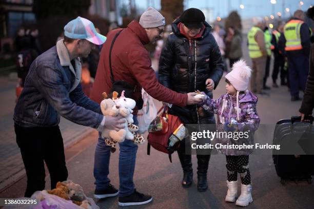 Volunteers from Weston Super Mare in the United Kingdom give away soft toys and teddy bears to Refugees fleeing Ukraine as they arrive into Hungary...