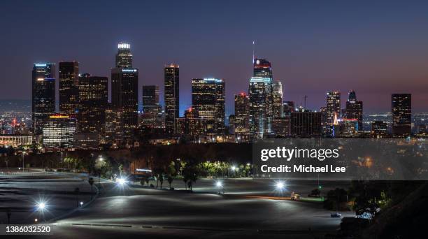 high angle twilight view of downtown los angeles skyline - beverly hills at night stock pictures, royalty-free photos & images