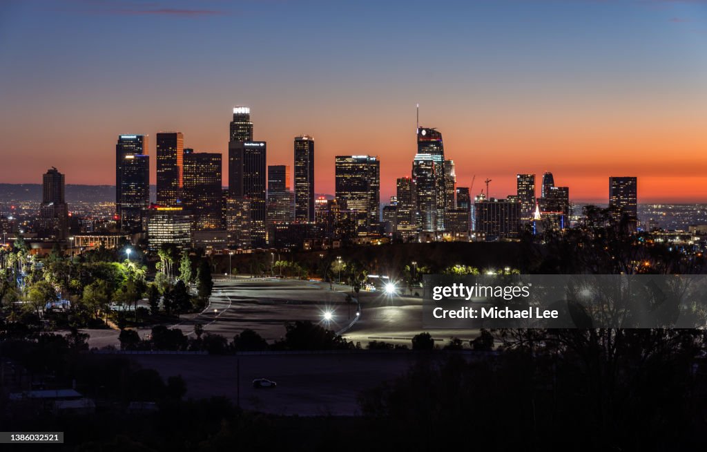 High Angle Twilight View of Downtown Los Angeles Skyline