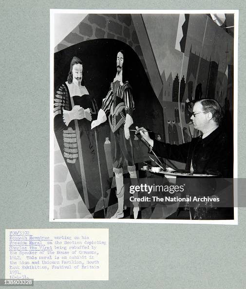 Kenneth Rowntree working on his Freedom Mural on the scetion depicting Charles the First being rebuffed by the Speaker of the House of Commons, 1642. This mural is an exhibit in the Lion and Unicorn Pavilion, South Bank Exhibition, Festival of Britain, 19 Kenneth Rowntree working on his Freedom Mural on the scetion depicting Charles the First being rebuffed by the Speaker of the House of Commons, 1642. This mural is an exhibit in the Lion and Unicorn Pavilion, South Bank Exhibition, Festival of Britain, 19
