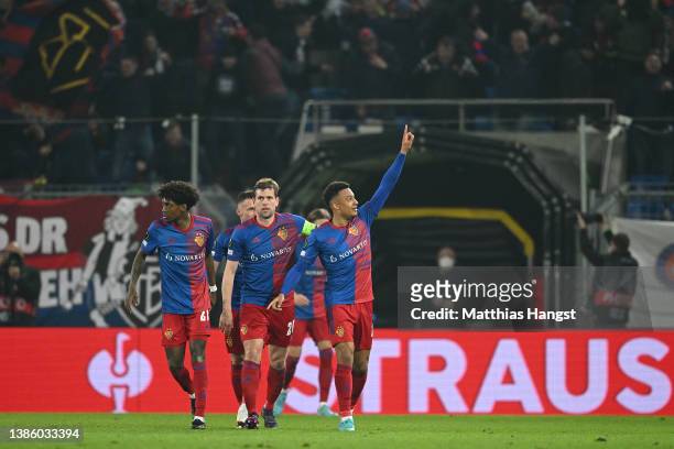 Dan Ndoye celebrates with Fabian Frei of FC Basel after scoring their team's first goal during the UEFA Conference League Round of 16 Leg Two match...