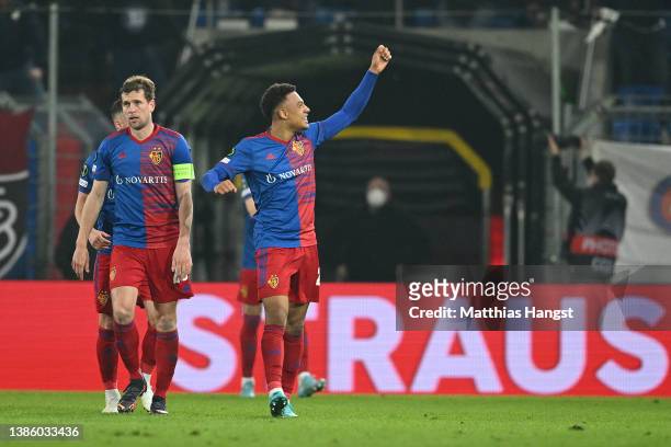 Dan Ndoye celebrates with Fabian Frei of FC Basel after scoring their team's first goal during the UEFA Conference League Round of 16 Leg Two match...