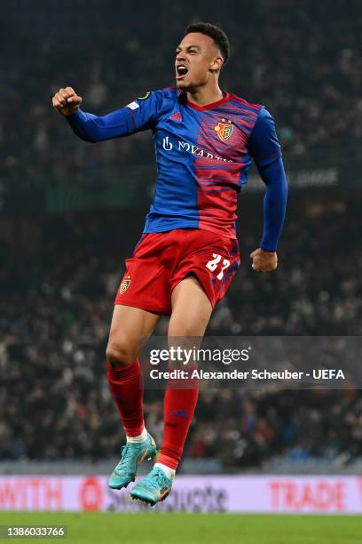 Dan Ndoye of FC Basel celebrates after scoring their team's first goal during the UEFA Conference League Round of 16 Leg Two match between FC Basel...