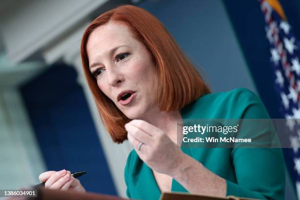 White House press secretary Jen Psaki answers questions during the daily briefing on March 17, 2022 in Washington, DC. Psaki answered a range of...