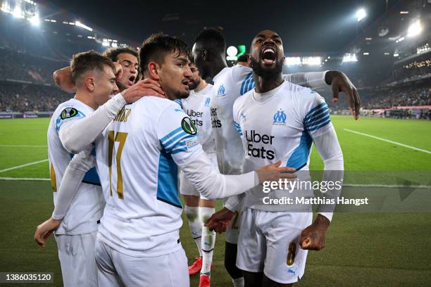 Cengiz Under celebrates with teammate Gerson of Marseille after scoring their team's first goal during the UEFA Conference League Round of 16 Leg Two...