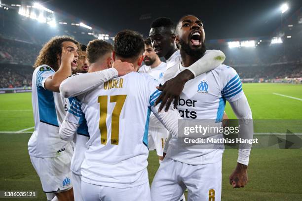 Cengiz Under celebrates with teammate Gerson of Marseille after scoring their team's first goal during the UEFA Conference League Round of 16 Leg Two...