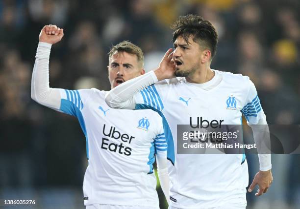 Cengiz Under of Marseille celebrates after scoring their team's first goal during the UEFA Conference League Round of 16 Leg Two match between FC...