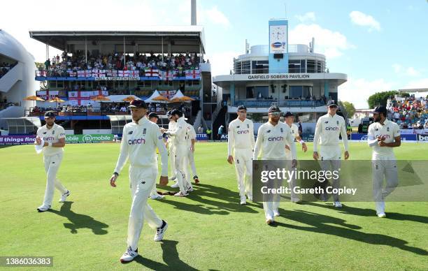 England captain Joe Root leads out his team for the second innings during day two of the 2nd test match between West Indies and England at Kensington...