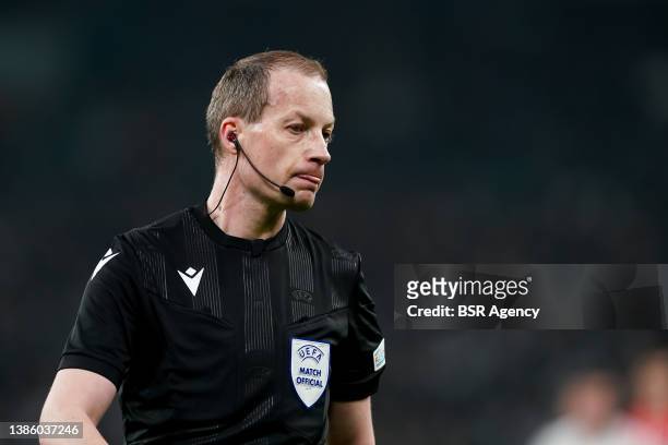 Referee William Collum during the UEFA Conference League Round of 16 Leg Two match between F.C. Copenhagen and PSV Eindhoven at the Parken on March...