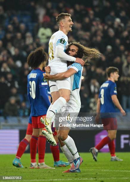 Valentin Rongier celebrates with Matteo Guendouzi of Marseille after scoring their team's second goal during the UEFA Conference League Round of 16...