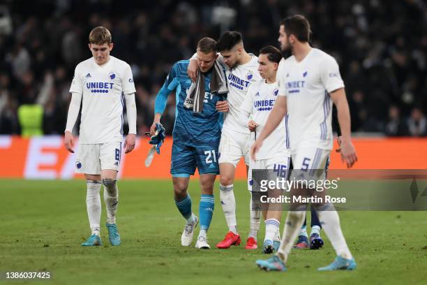 Karl-Johan Johnsson of FC Copenhagen looks dejected following their side's defeat in during the UEFA Conference League Round of 16 Leg Two match...