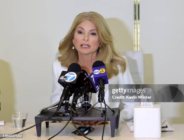 Attorney Lisa Bloom speaks at a press conference with four women accusing Guess Inc. Co-Founder Paul Marciano of sexual harassment and sexual assault...