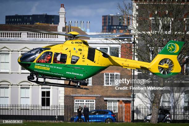 Hampshire and Isle of Wight Air Ambulance takes off from Southsea on March 17, 2022 in Portsmouth, United Kingdom.