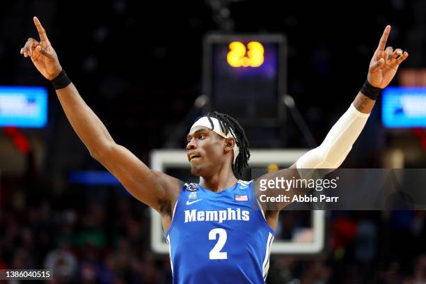 Jalen Duren of the Memphis Tigers reacts as time expires in the Tigers' 64-53 win against the Boise State Broncos during the first round game of the...