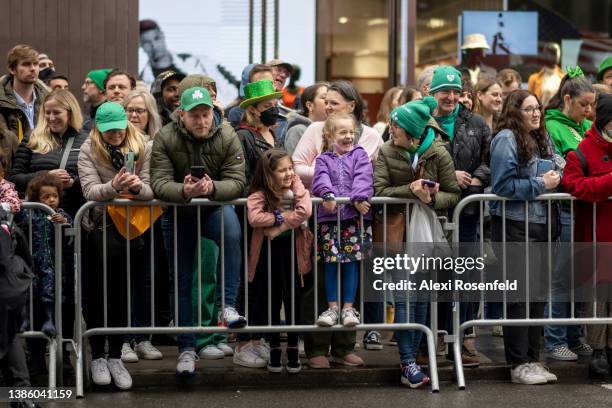 Revelers watch and cheer at the St. Patrick’s Day parade on March 17, 2022 in New York City. The annual New York City St. Patrick's Day Parade, which...