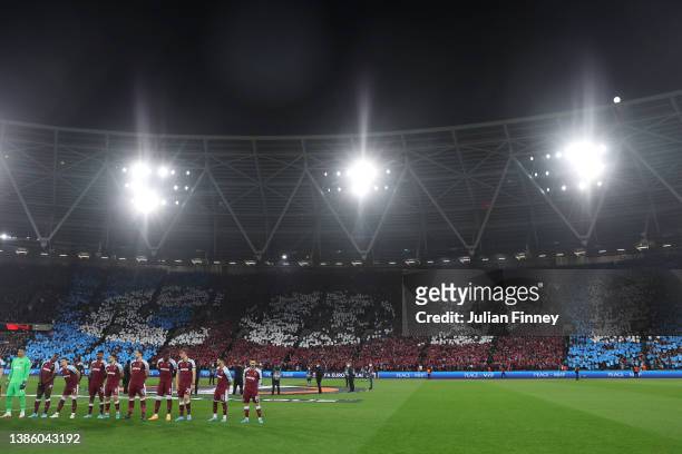 General view inside the stadium of the West Ham United fans' tifo prior to the UEFA Europa League Round of 16 Leg Two match between West Ham United...